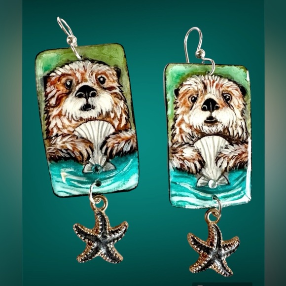 Jewelry - Handpainted hand made sea otter earrings OOAK lightweight sterling wildlife